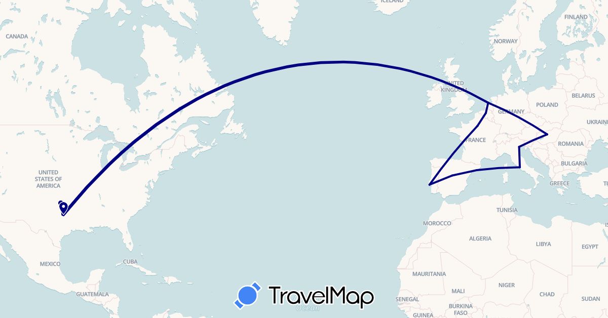 TravelMap itinerary: driving in Belgium, Spain, France, Hungary, Italy, Netherlands, Portugal, United States (Europe, North America)